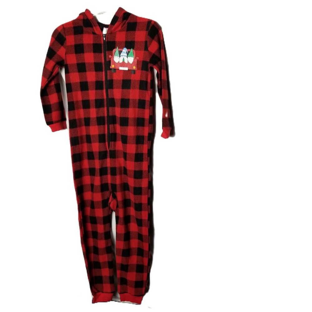 Buffalo Plaid Hooded One Piece Pajamas Kids Small Red Black Cozy Winter